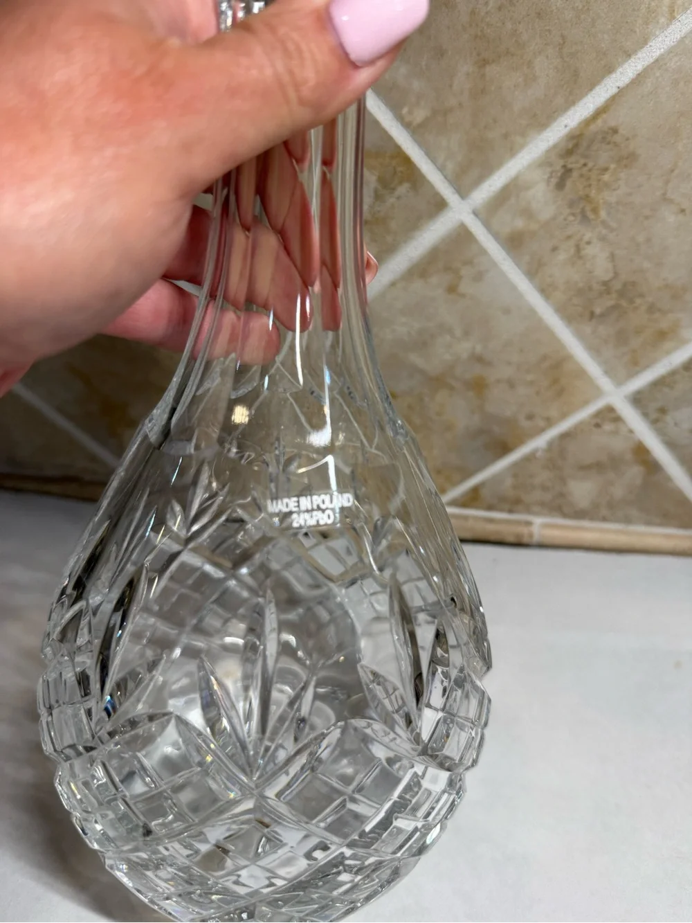 Polish 24% Lead Crystal Cut Glass Decanter with Stopper Made in Poland 11”